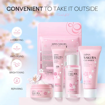 Sakura Skin Care Set: Cleanser, Cream, Serum & Toner for Hydration, Brightening & Firming